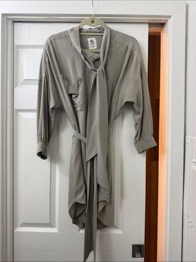 Ever Tie-Neck Utility Shirt Dress in Light Gray 100% silk